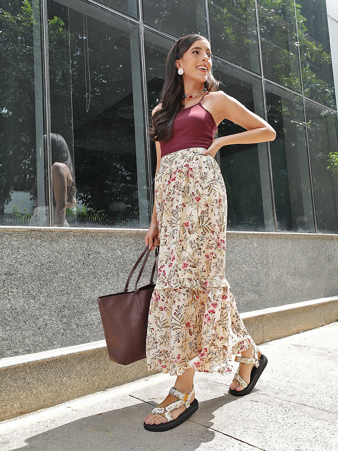 

MANGO Cream-Coloured & Pink Printed Sustainable Flared Maxi Skirt