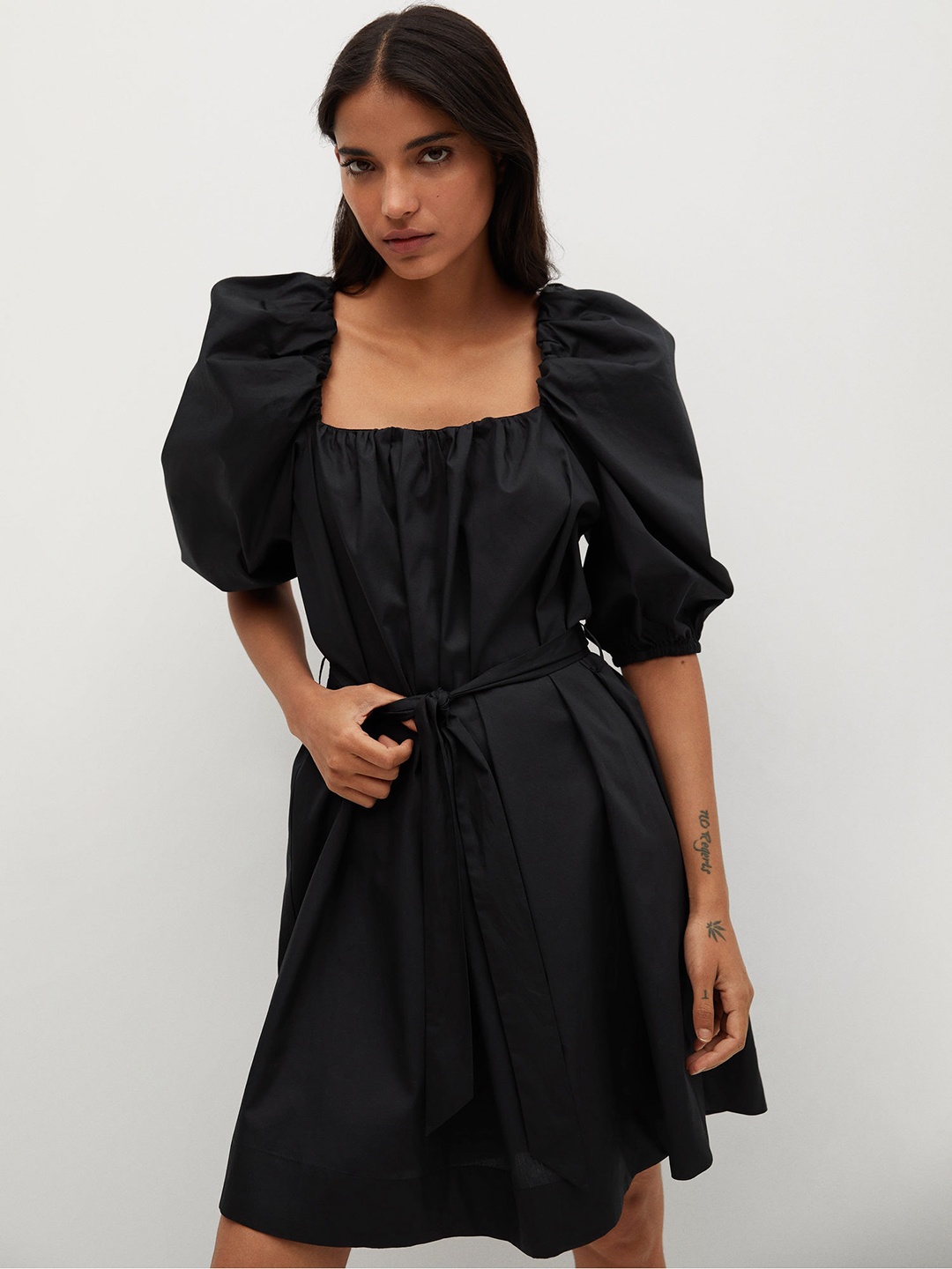 

MANGO Women Sustainable Black Pure Cotton Power Shoulders Solid A-Line Dress