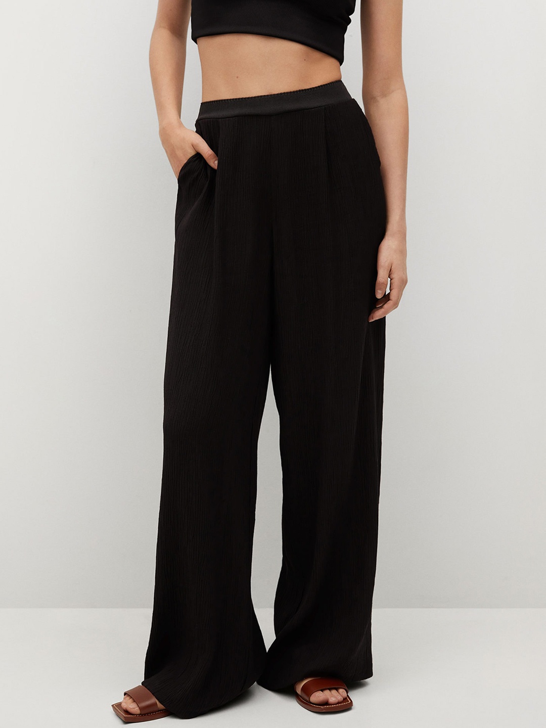 

MANGO Women Black Flared Parallel Trousers