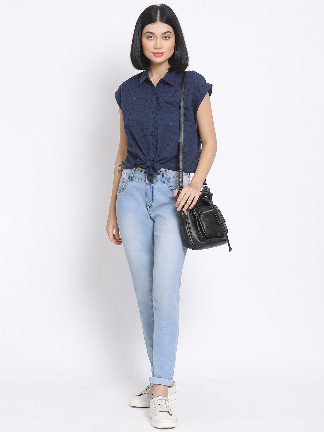 

Oxolloxo Women Navy Blue Regular Fit Self Design Casual Shirt