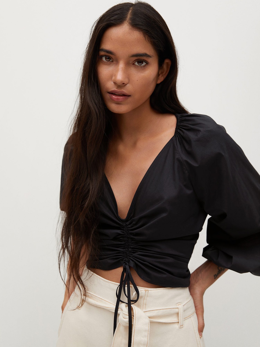 

MANGO Sustainable Black Puff Sleeves Pure Cotton Regular Crop Top