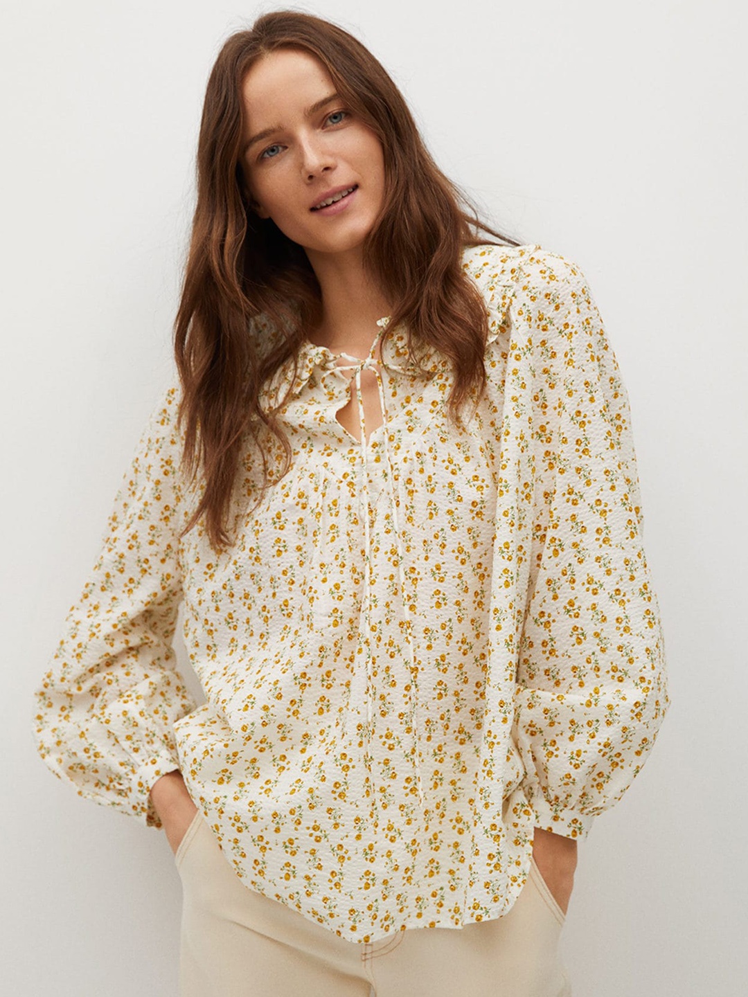 

MANGO Women Off-White & Orange Floral Print Tie-Up Neck Pure Cotton Regular Top