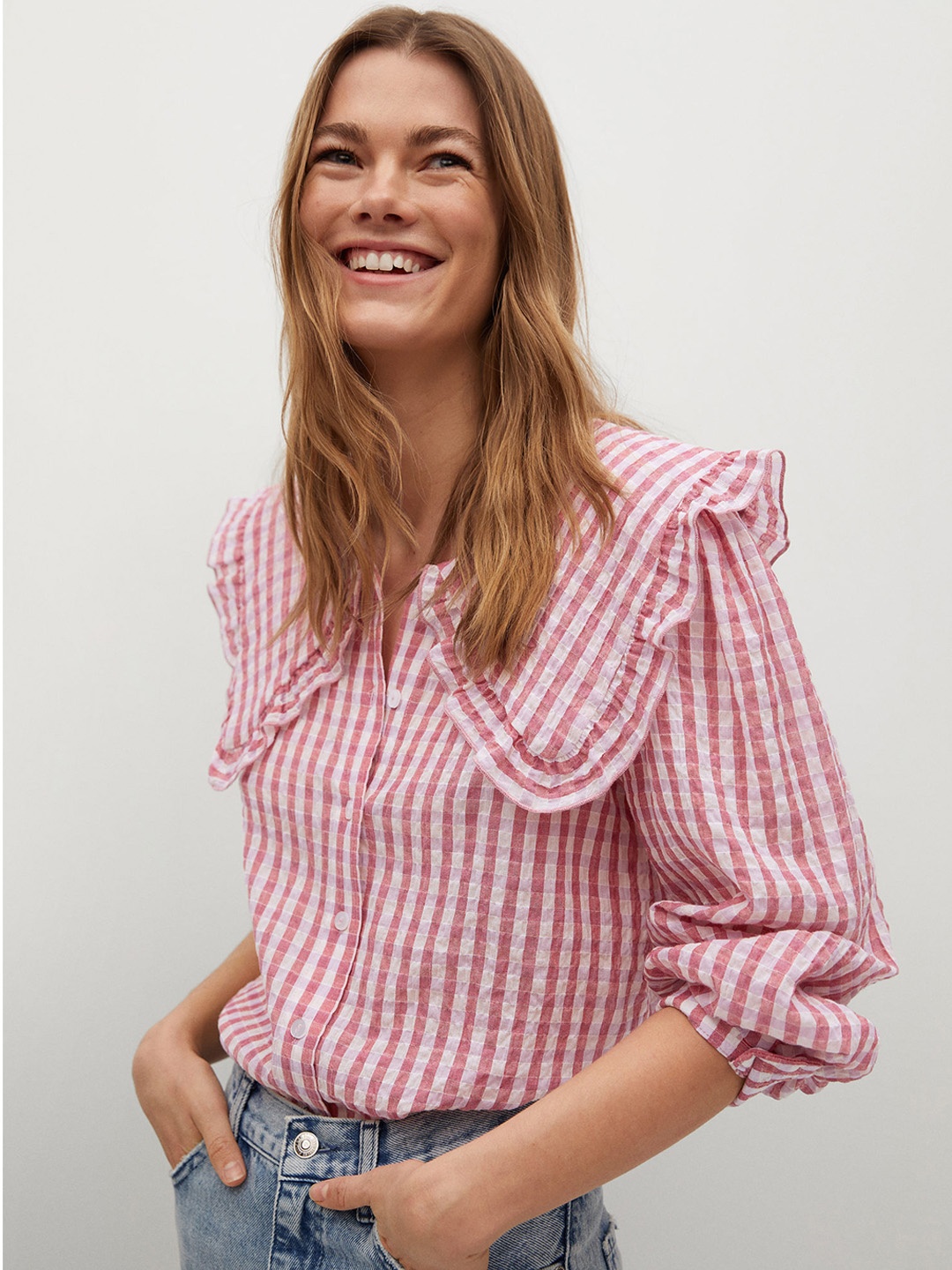 

MANGO Pink Checked Round Neck with Oversized Collar Cotton Sustainable Shirt Style Top