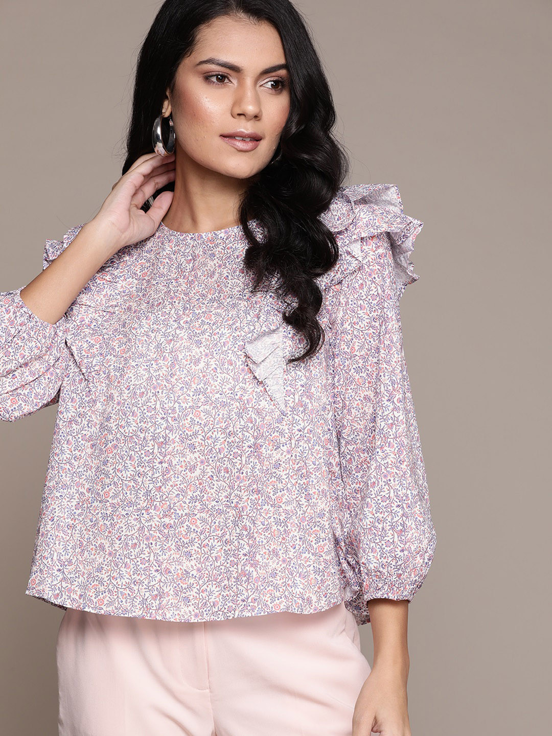 

MANGO White & Purple Floral Printed Puff Sleeves Ruffles Pure Cotton Regular Top