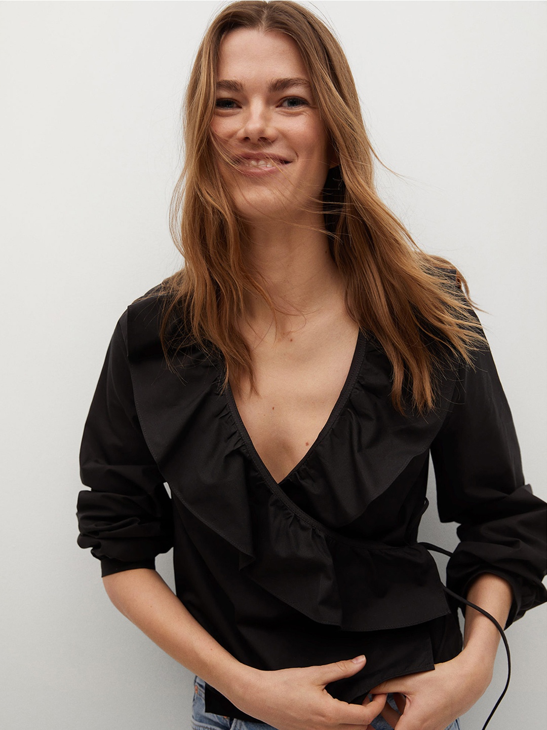 

MANGO Black Pure Cotton Sustainable Wrap Top
