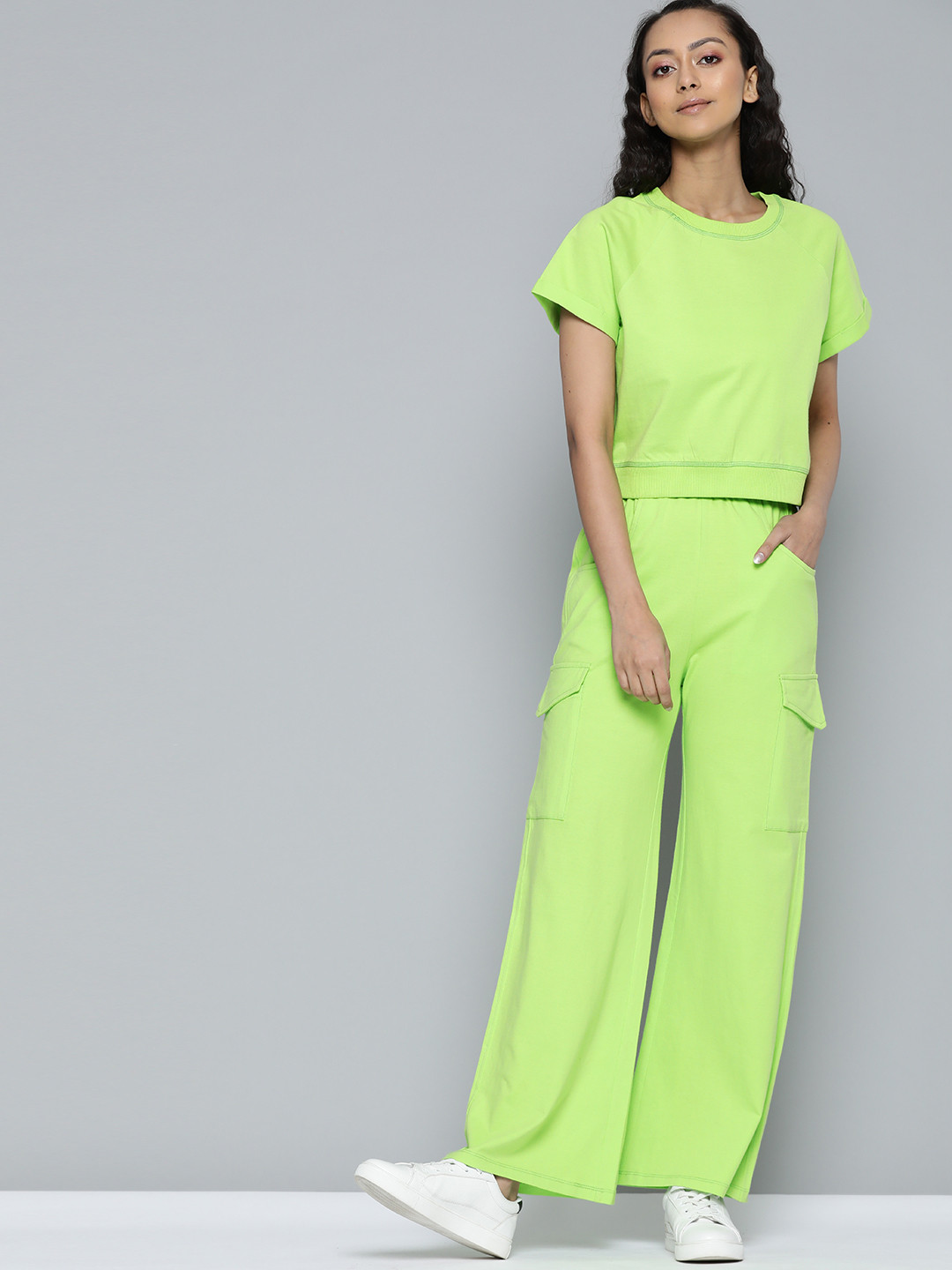 

VividArtsy Women Fluroscent Green Pure Cotton Solid Two-Piece, Fluorescent green