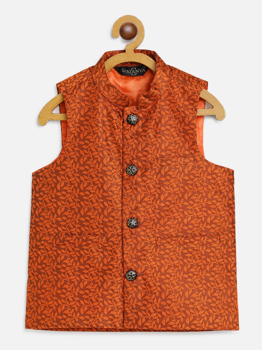 

SOJANYA Boys Orange Floral Woven Design Jacquard Weave Nehru Jacket