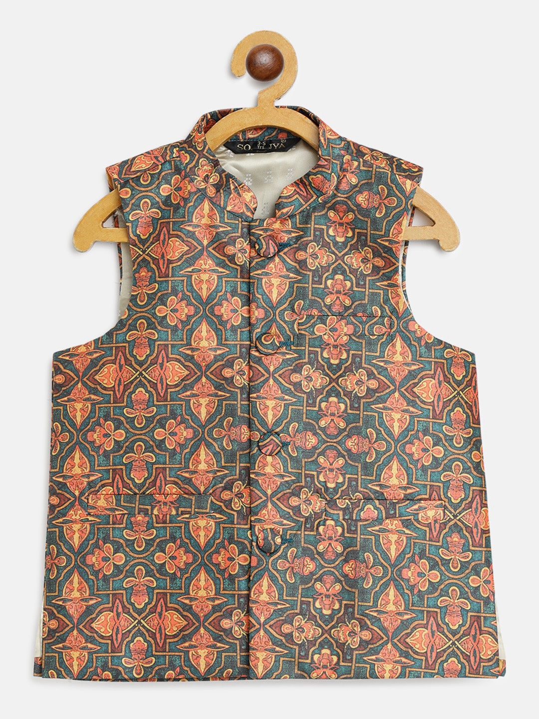 

SOJANYA Boys Green & Orange Ethnic Motifs Print Nehru Jacket