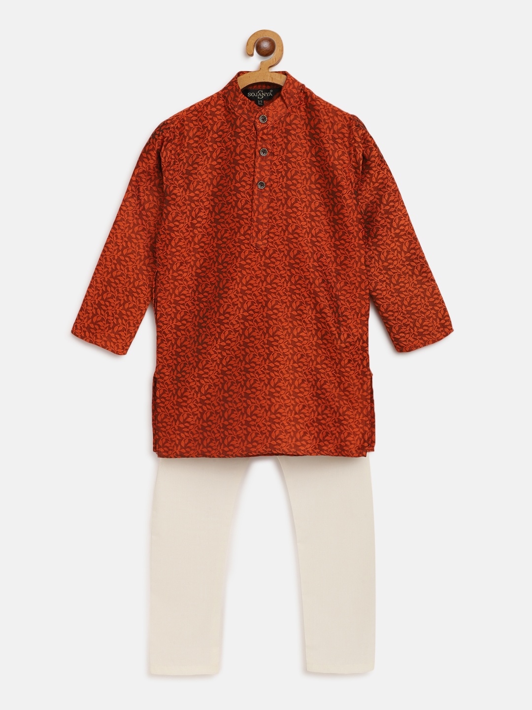 

SOJANYA Boys Rust Brown & Orange Woven Design Jacquard Kurta with Solid Pyjamas