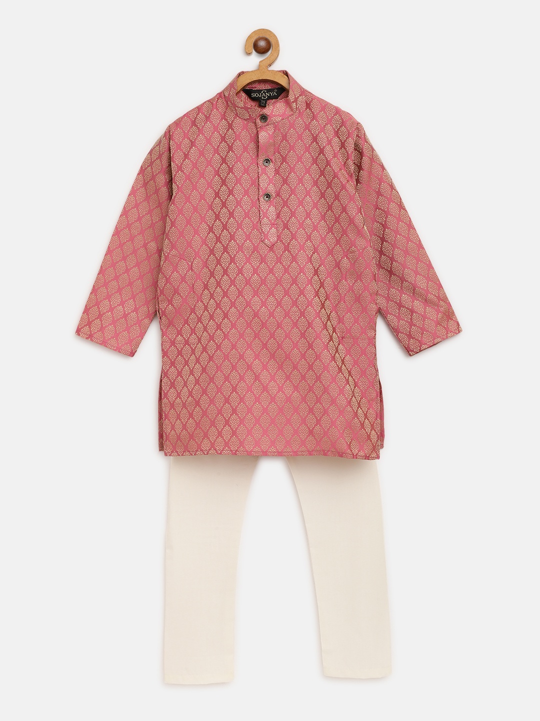 

SOJANYA Boys Pink & Beige Woven Design Jacquard Kurta with Solid Pyjamas
