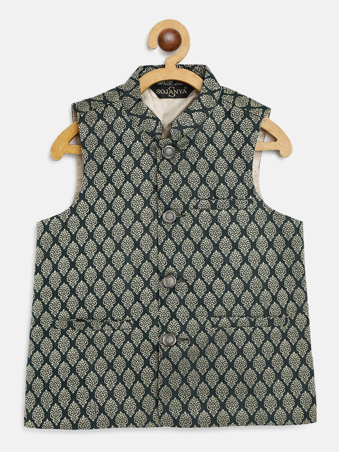 

SOJANYA Boys Green & Beige Jacquard Woven Design Nehru Jacket