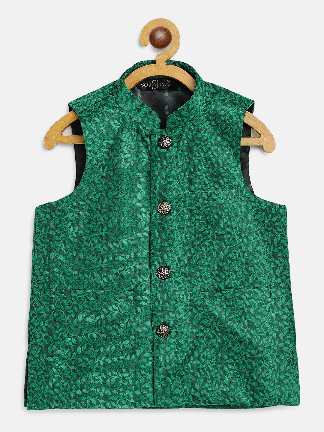 

SOJANYA Boys Green Floral Woven Design Jacquard Weave Nehru Jacket