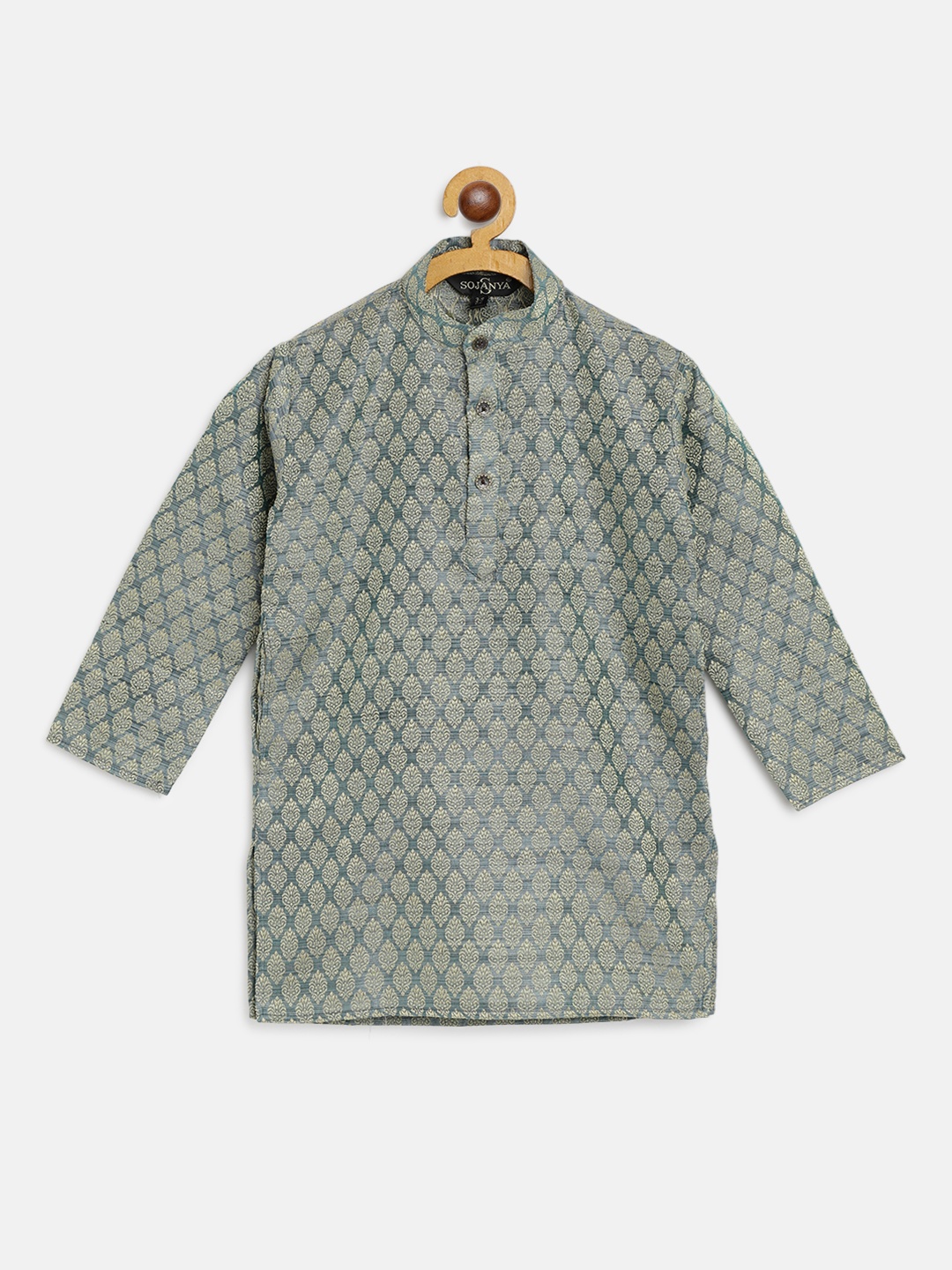 

SOJANYA Boys Sea Green & Golden Woven Design Jacquard Weave Band Collar Kurta