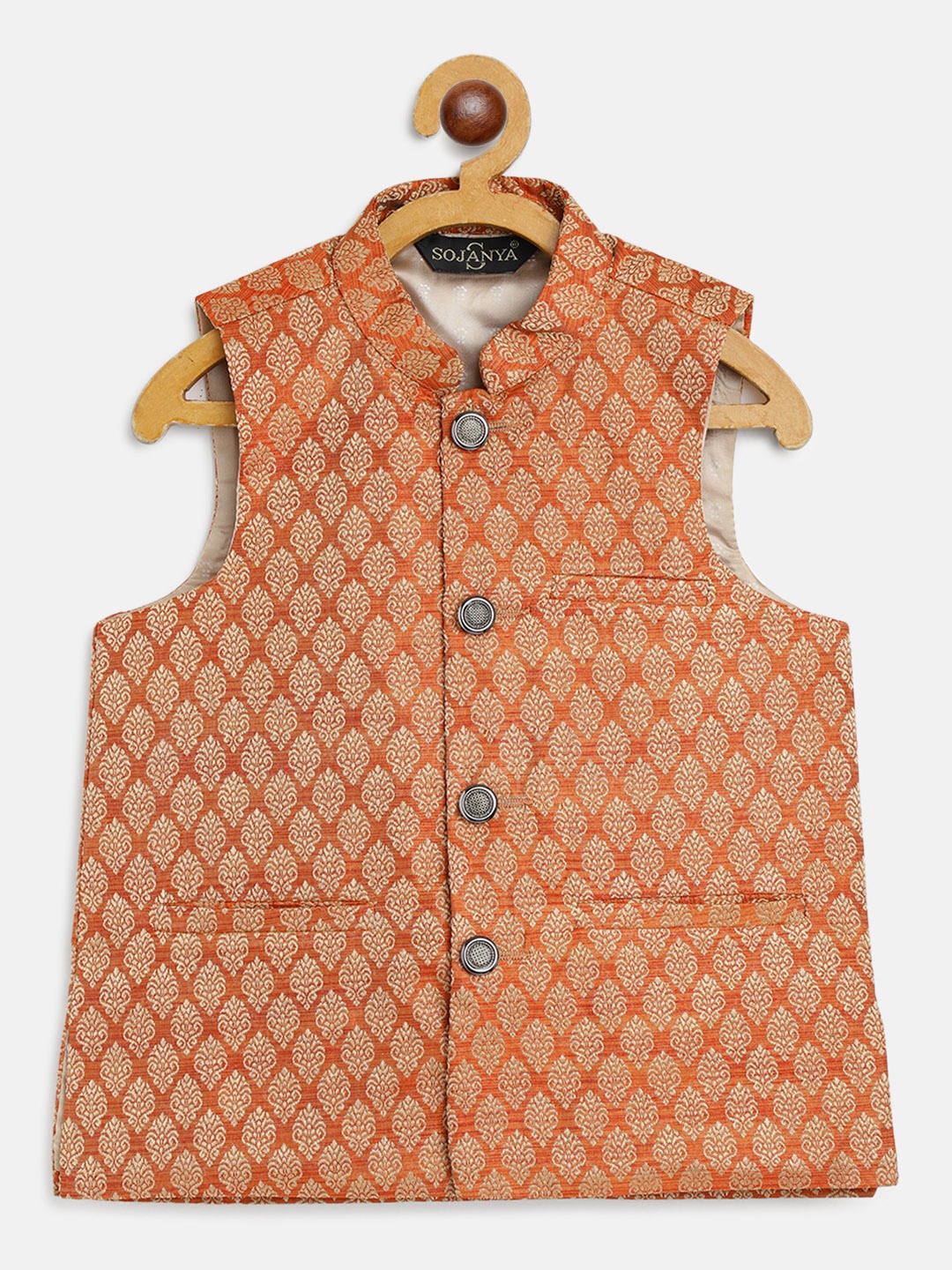 

SOJANYA Boys Orange & Golden Ethnic Motifs Woven Design Jacquard Weave Nehru Jacket