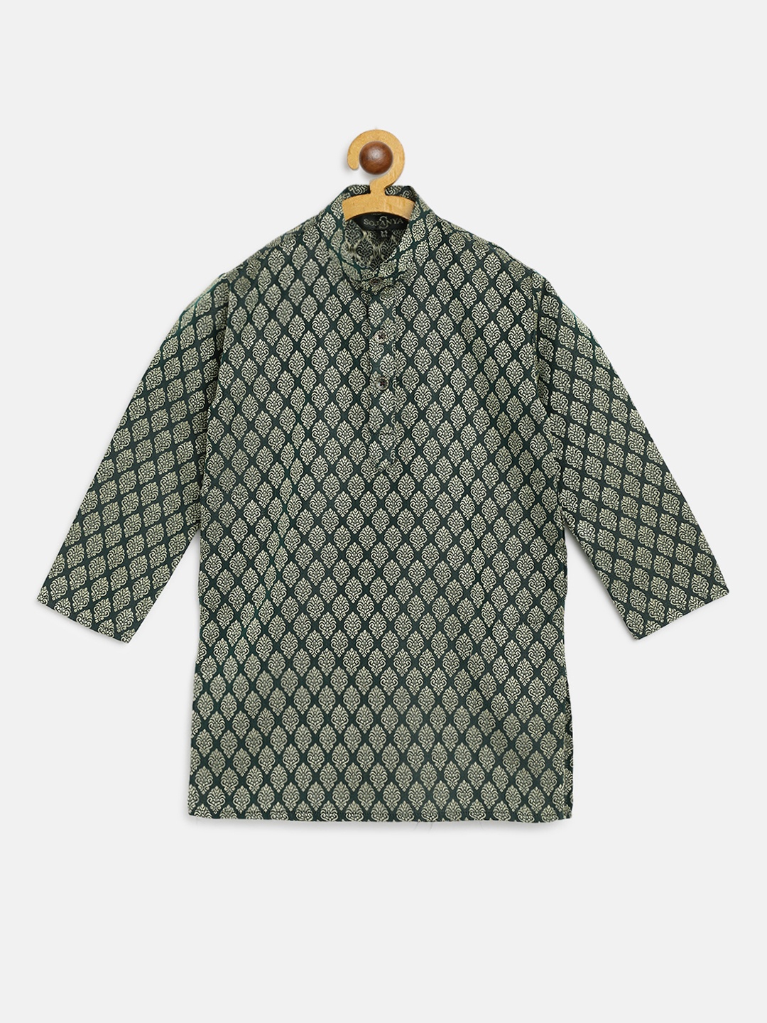 

SOJANYA Boys Dark Green & Golden Jacquard Ethnic Patterned Straight Kurta