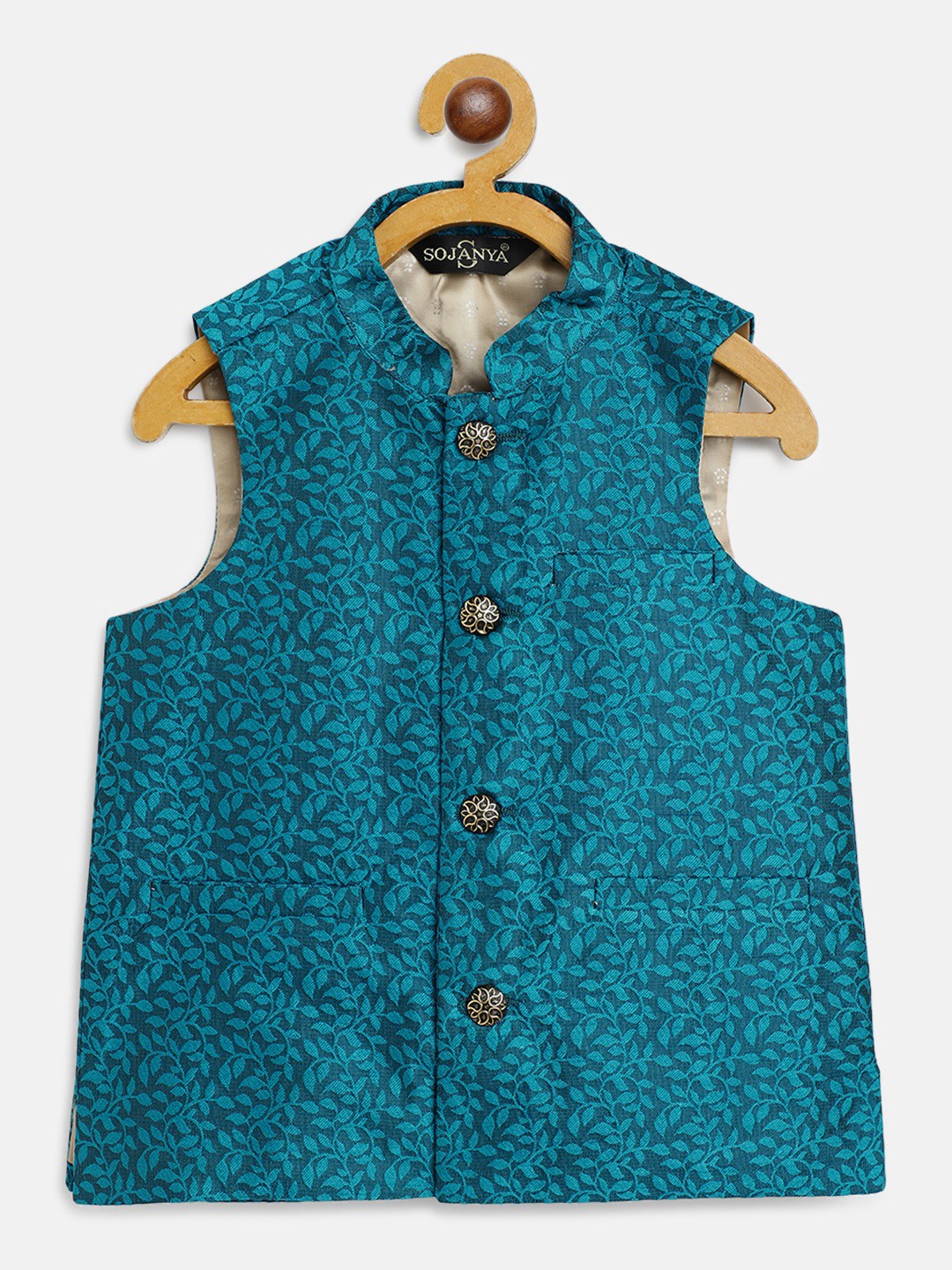 

SOJANYA Boys Teal Blue Floral Woven Design Jacquard Weave Nehru Jacket
