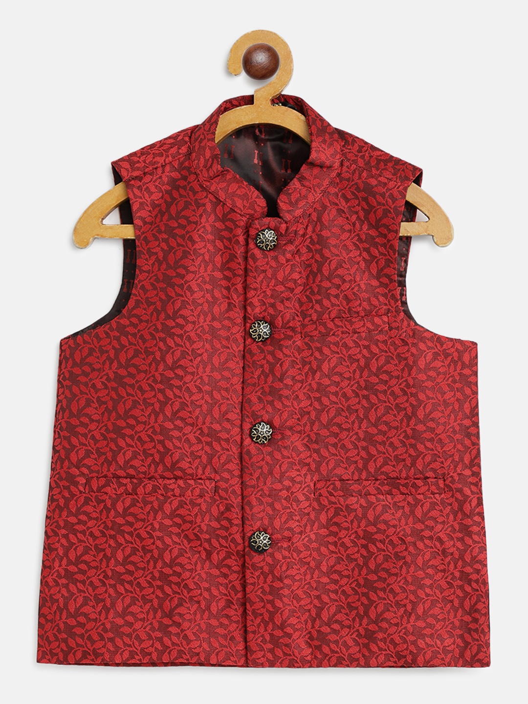 

SOJANYA Boys Red Floral Woven Design Jacquard Weave Nehru Jacket