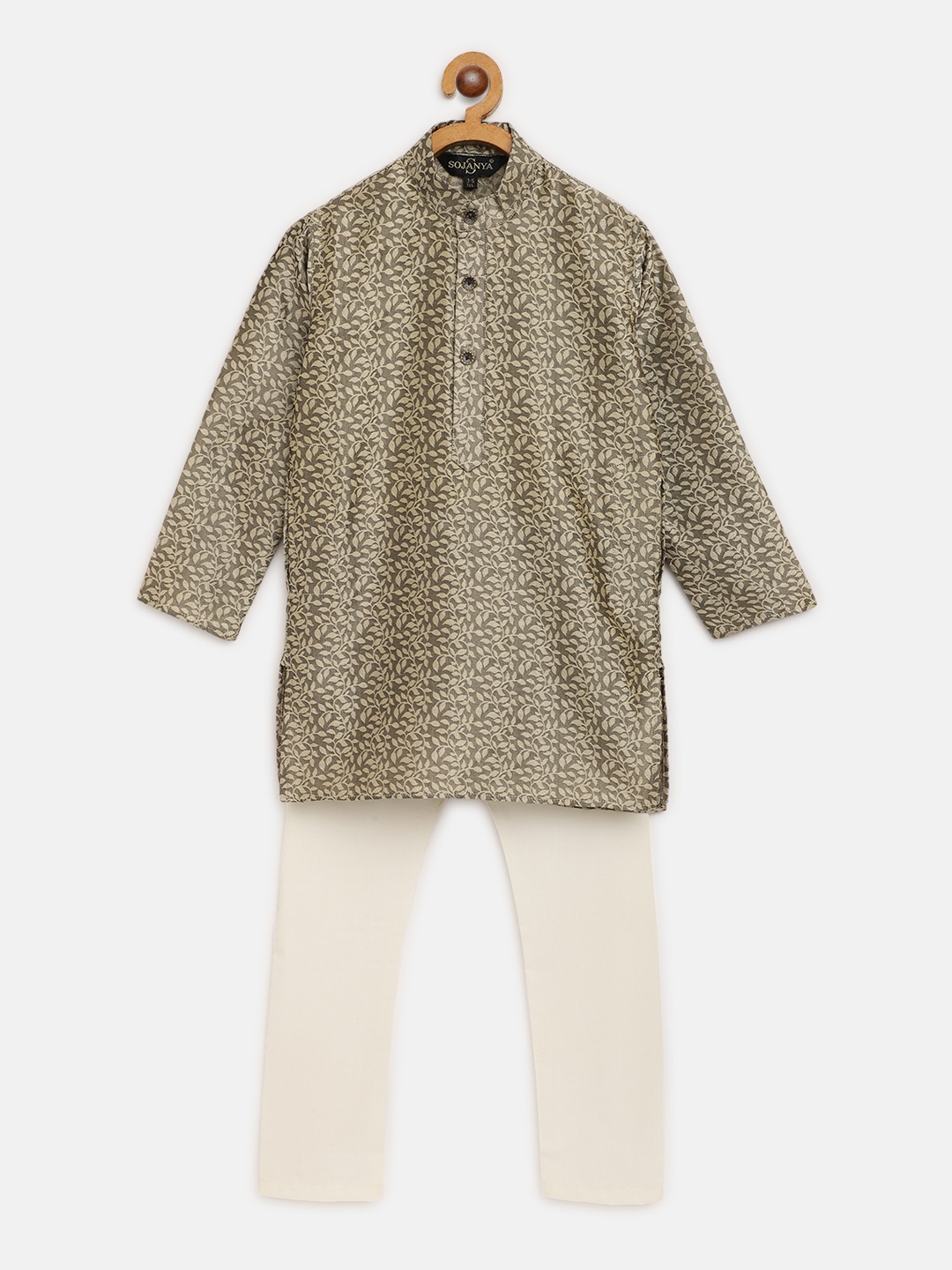 

SOJANYA Boys Taupe & Beige Leaf Patterned Jacquard Weave Kurta with Cotton Pyjamas