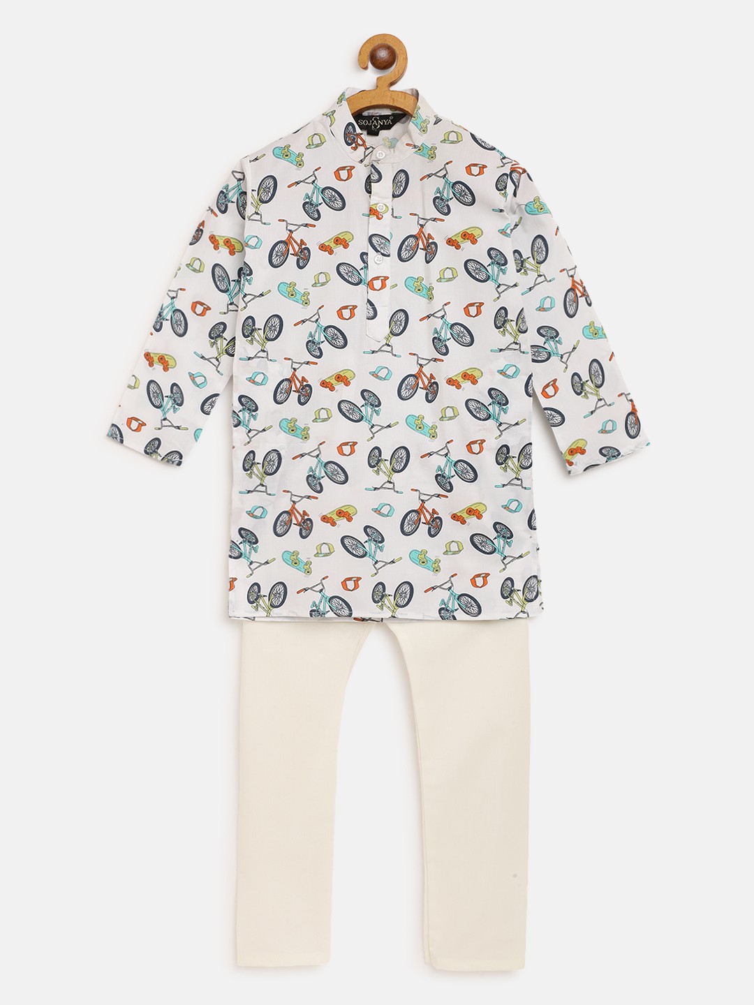 

SOJANYA Boys White & Navy Blue Quirky Print Pure Cotton Kurta with Churidar