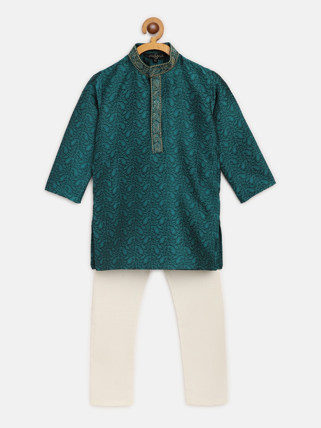 

SOJANYA Boys Teal Blue Brocade Woven Design Straight Kurta with Pyjamas