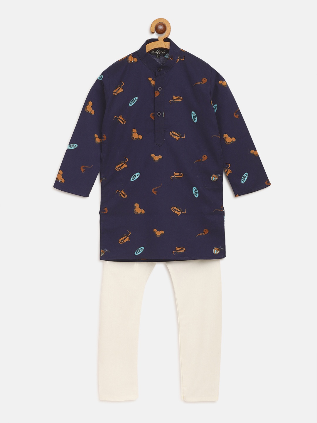 

SOJANYA Boys Navy Blue & Off-White Quirky Print Pure Cotton Kurta with Churidar