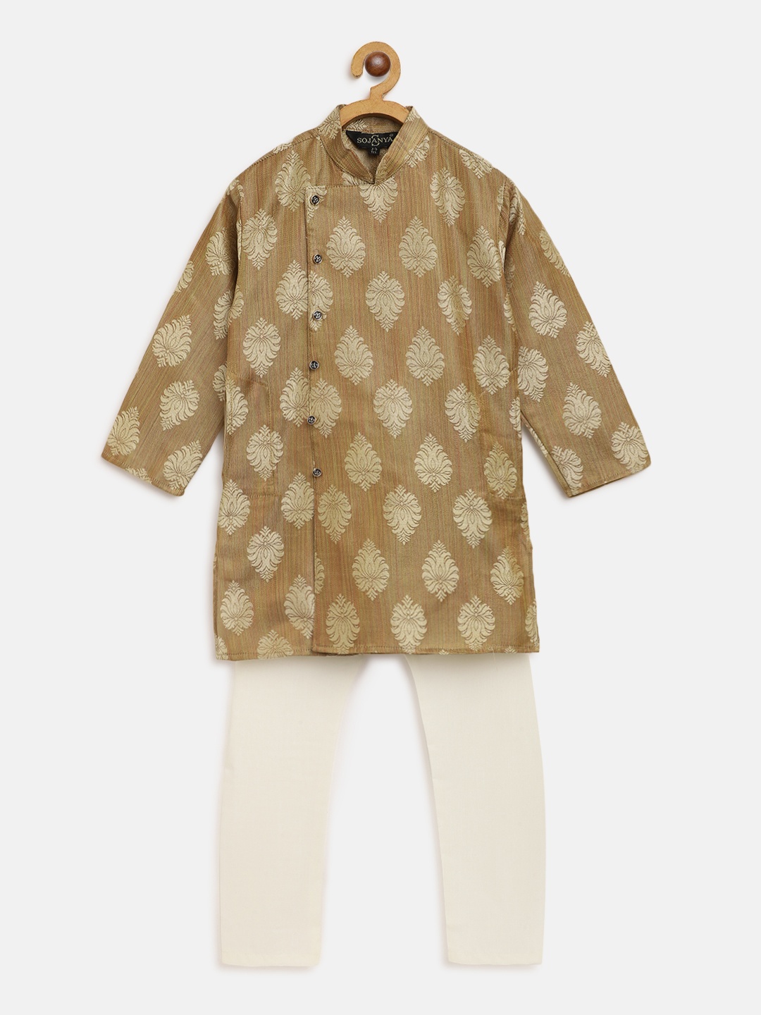

SOJANYA Boys Khaki & Off-White Woven Design Jacquard Weave Kurta with Churidar