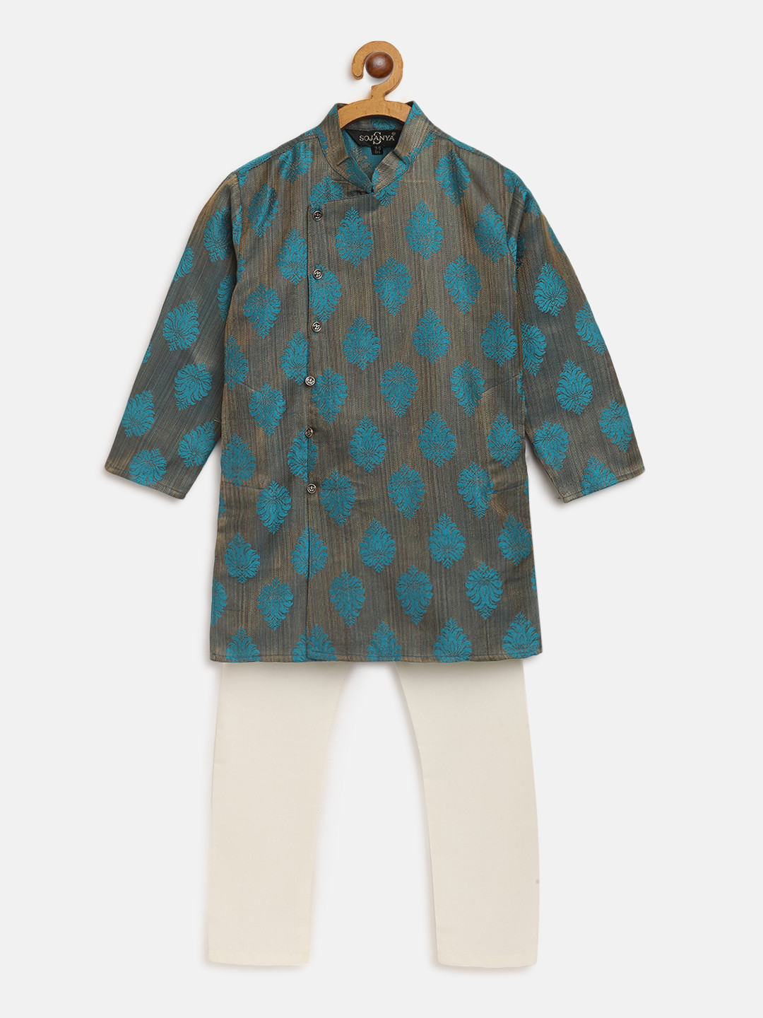 

SOJANYA Boys Olive Green & Blue Ethnic Patterned Jacquard Weave Kurta with Cotton Pyjamas