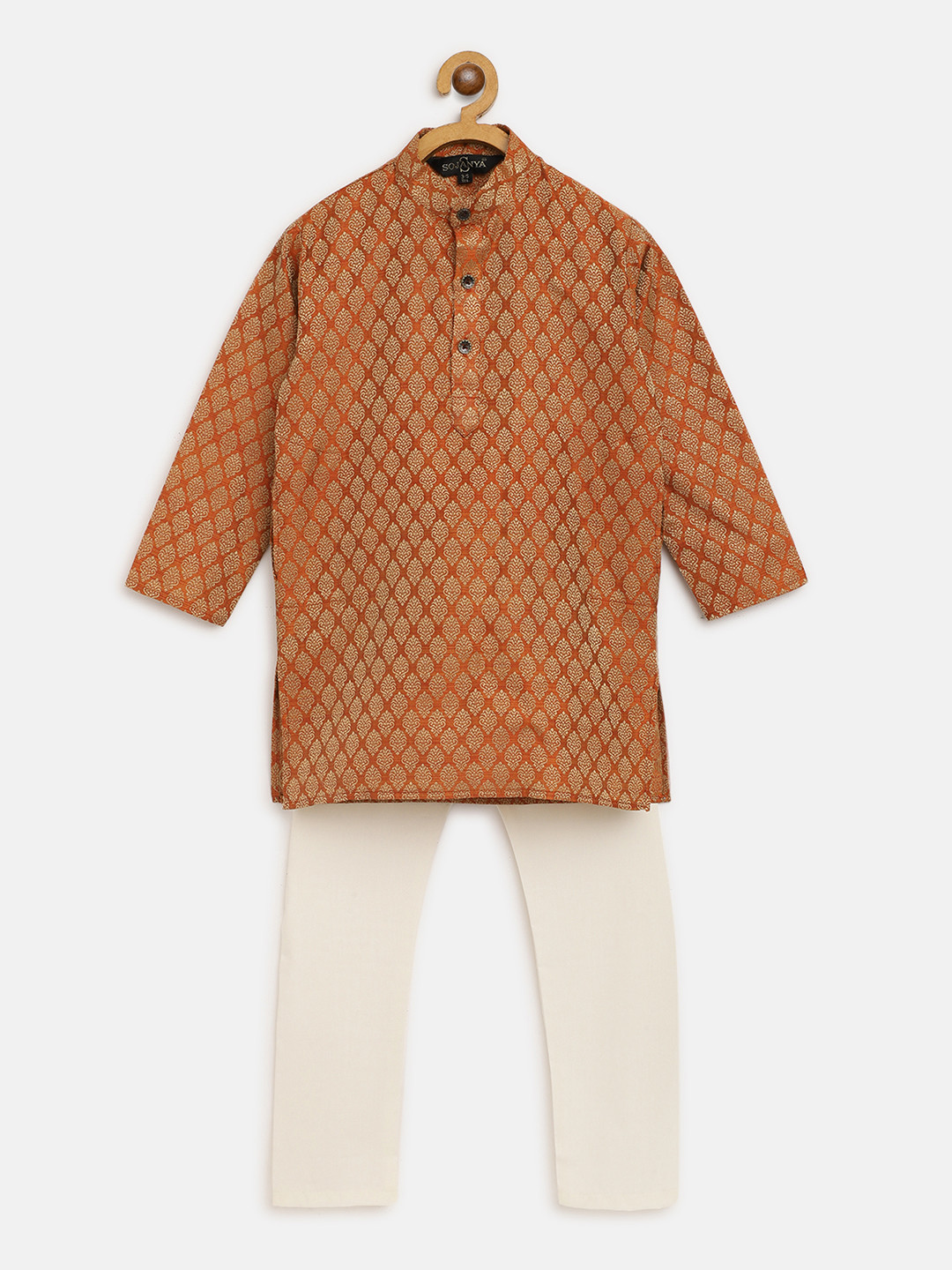 

SOJANYA Boys Orange & Golden Ethnic Patterned Jacquard Weave Kurta with Cotton Pyjamas