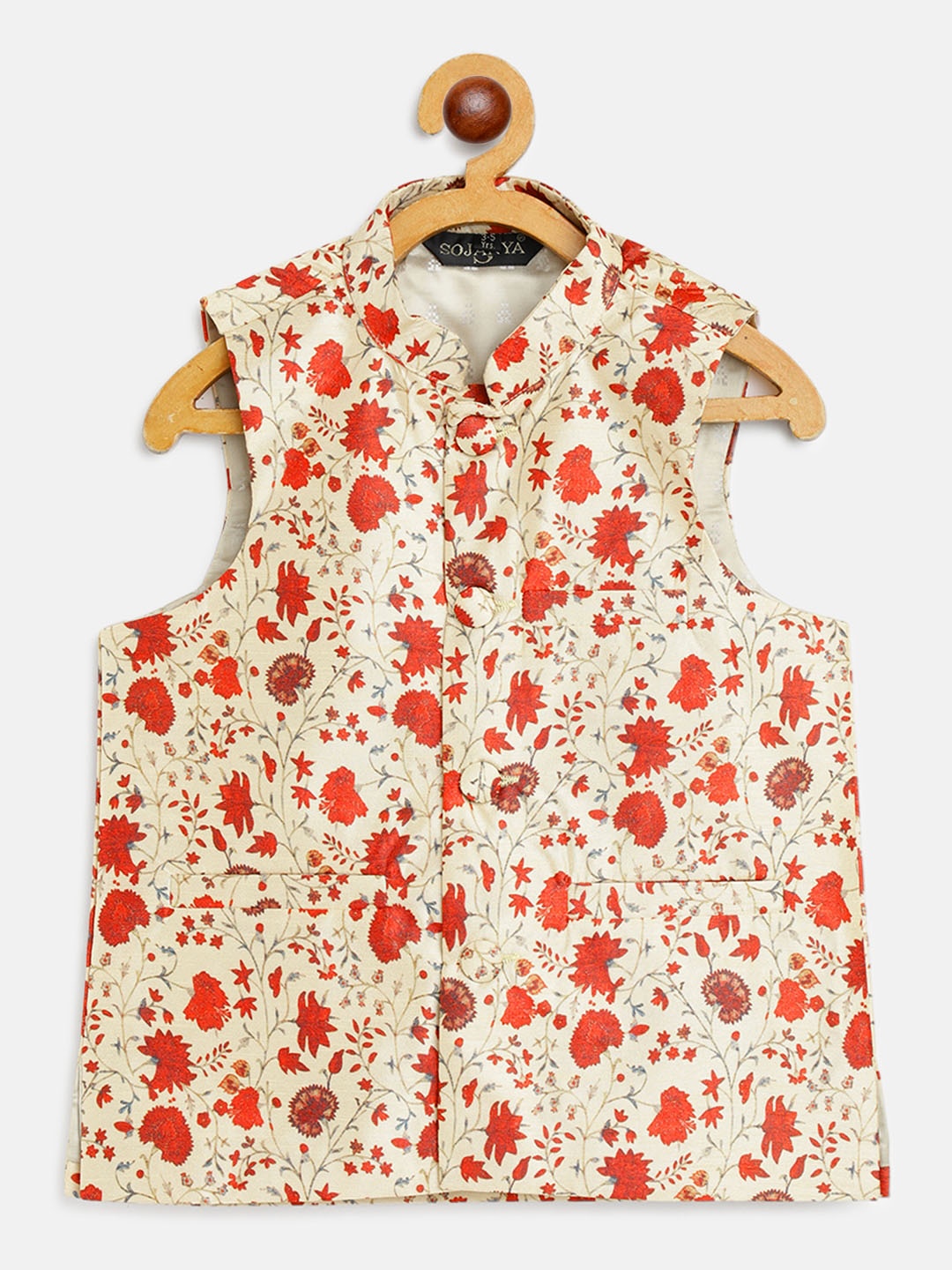 

SOJANYA Boys Beige & Red Floral Print Nehru Jacket