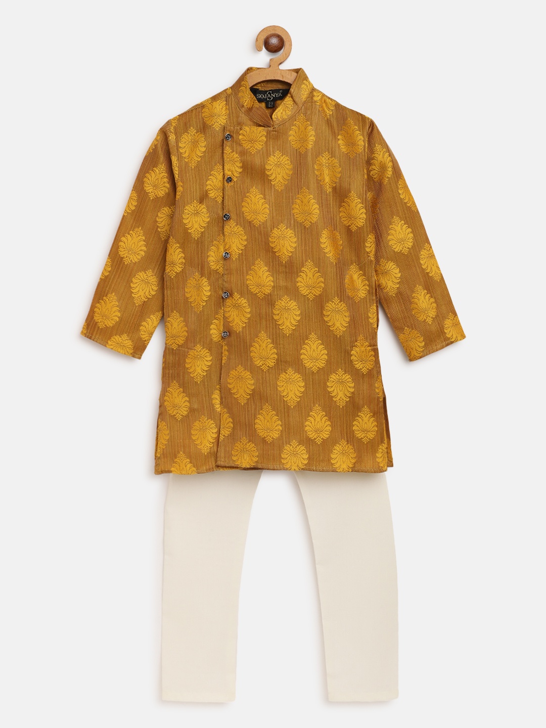 

SOJANYA Boys Yellow Jacquard Woven Design Angrakha Kurta with Pyjamas