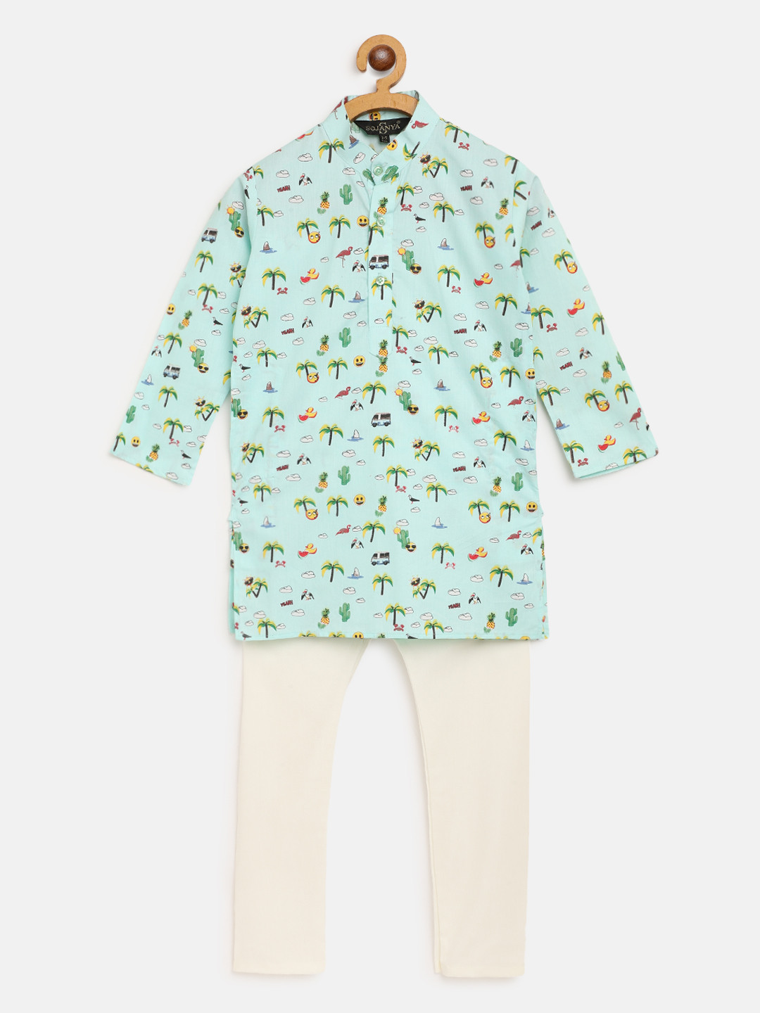 

SOJANYA Boys Sea Green & White Tropical Print Straight Cotton Kurta with Pyjamas