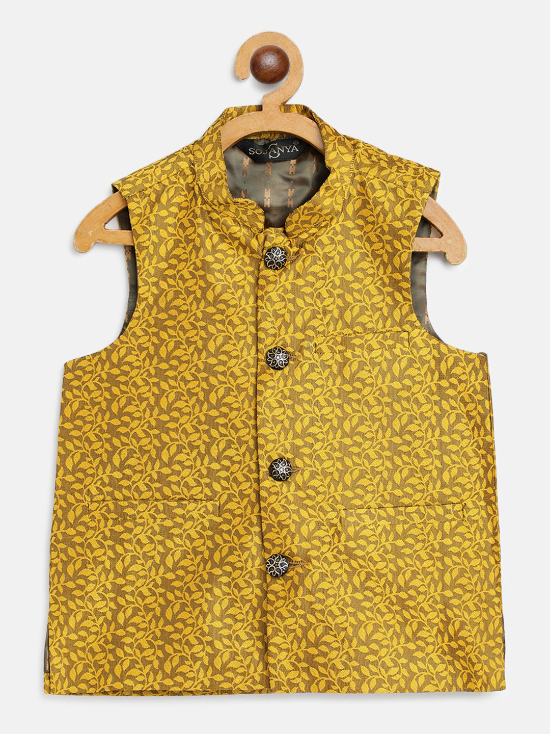 

SOJANYA Boys Mustard Yellow & Brown Jacquard Woven Design Nehru Jacket