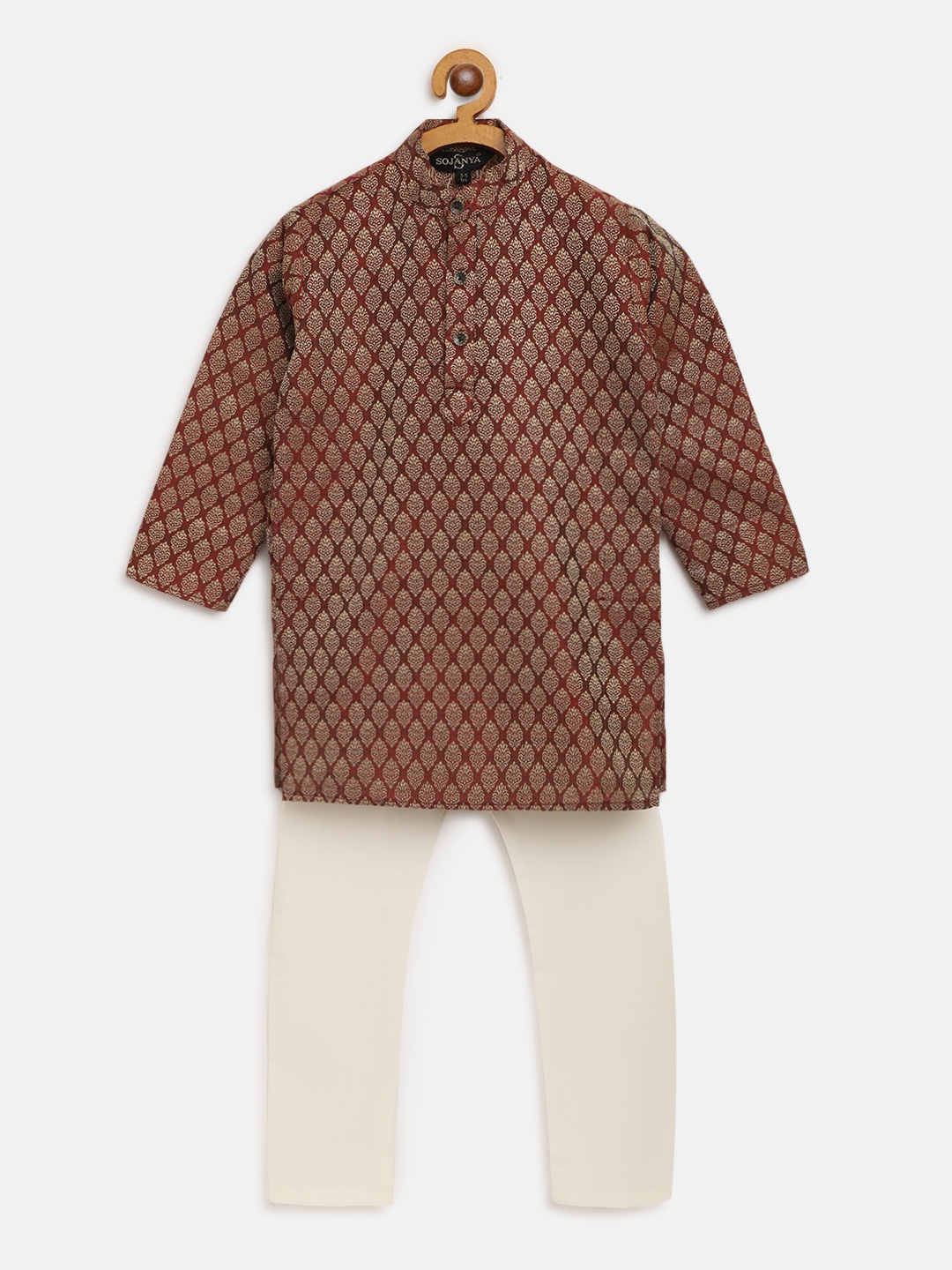 

SOJANYA Boys Maroon & Beige Woven Design Jacquard Kurta with Solid Pyjamas