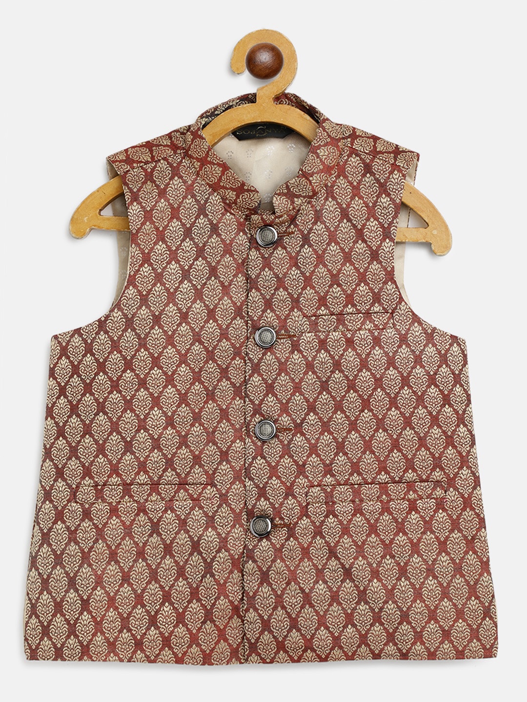 

SOJANYA Boys Maroon & Golden Ethnic Motifs Woven Design Jacquard Weave Nehru Jacket