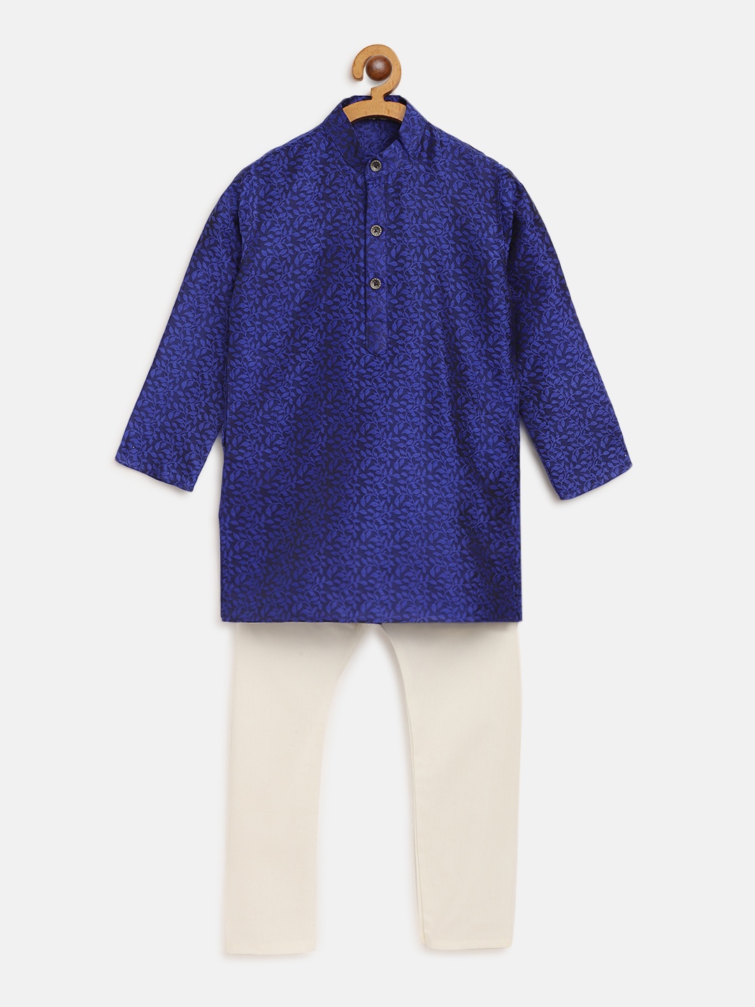 

SOJANYA Boys Blue & Off-White Floral Woven Design Jacquard Kurta with Solid Pyjamas