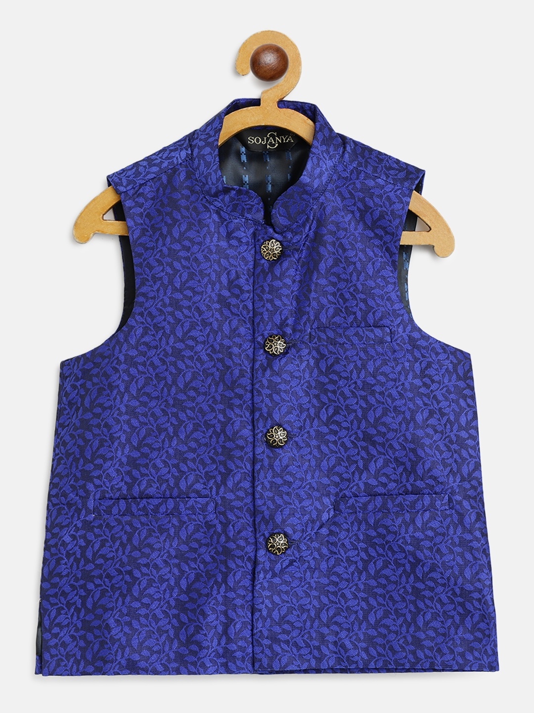 

SOJANYA Boys Blue Floral Woven Design Jacquard Weave Nehru Jacket