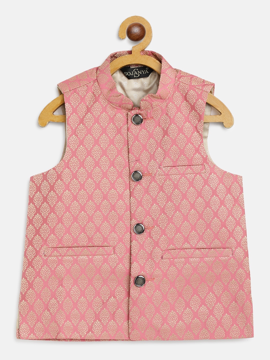 

SOJANYA Boys Pink & Beige Ethnic Motifs Woven Design Jacquard Weave Nehru Jacket
