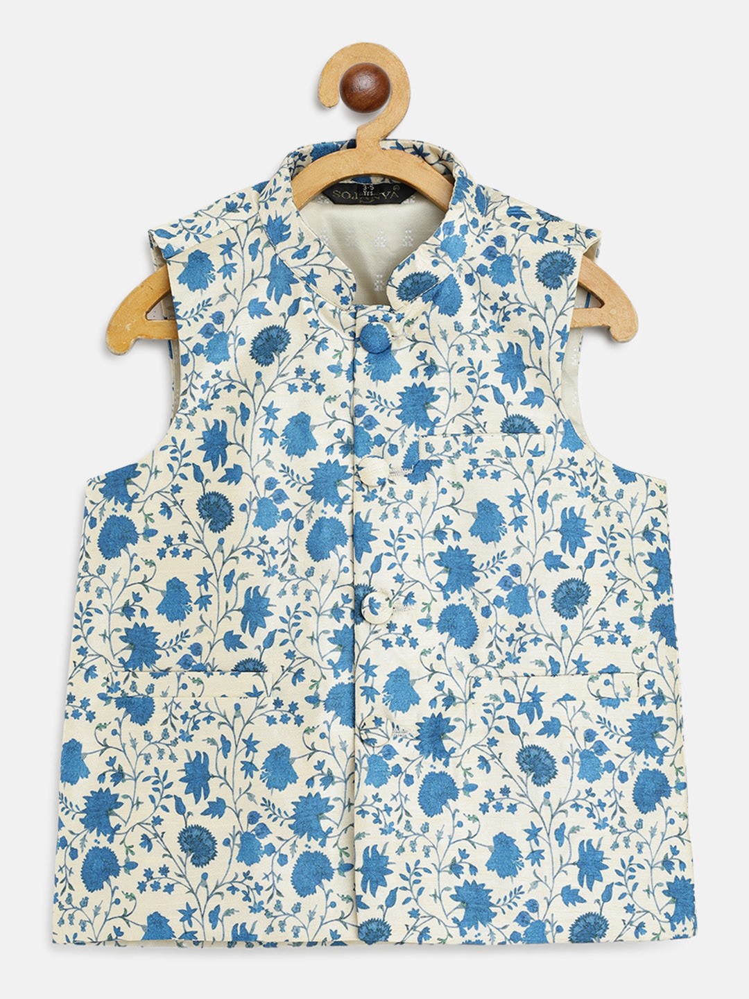 

SOJANYA Boys Off-White & Teal Blue Floral Print Nehru Jacket