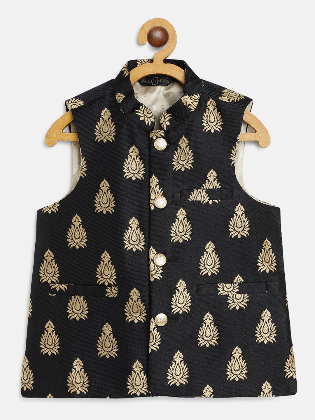 

SOJANYA Boys Black & Golden Ethnic Motifs Woven Design Jacquard Weave Nehru Jacket