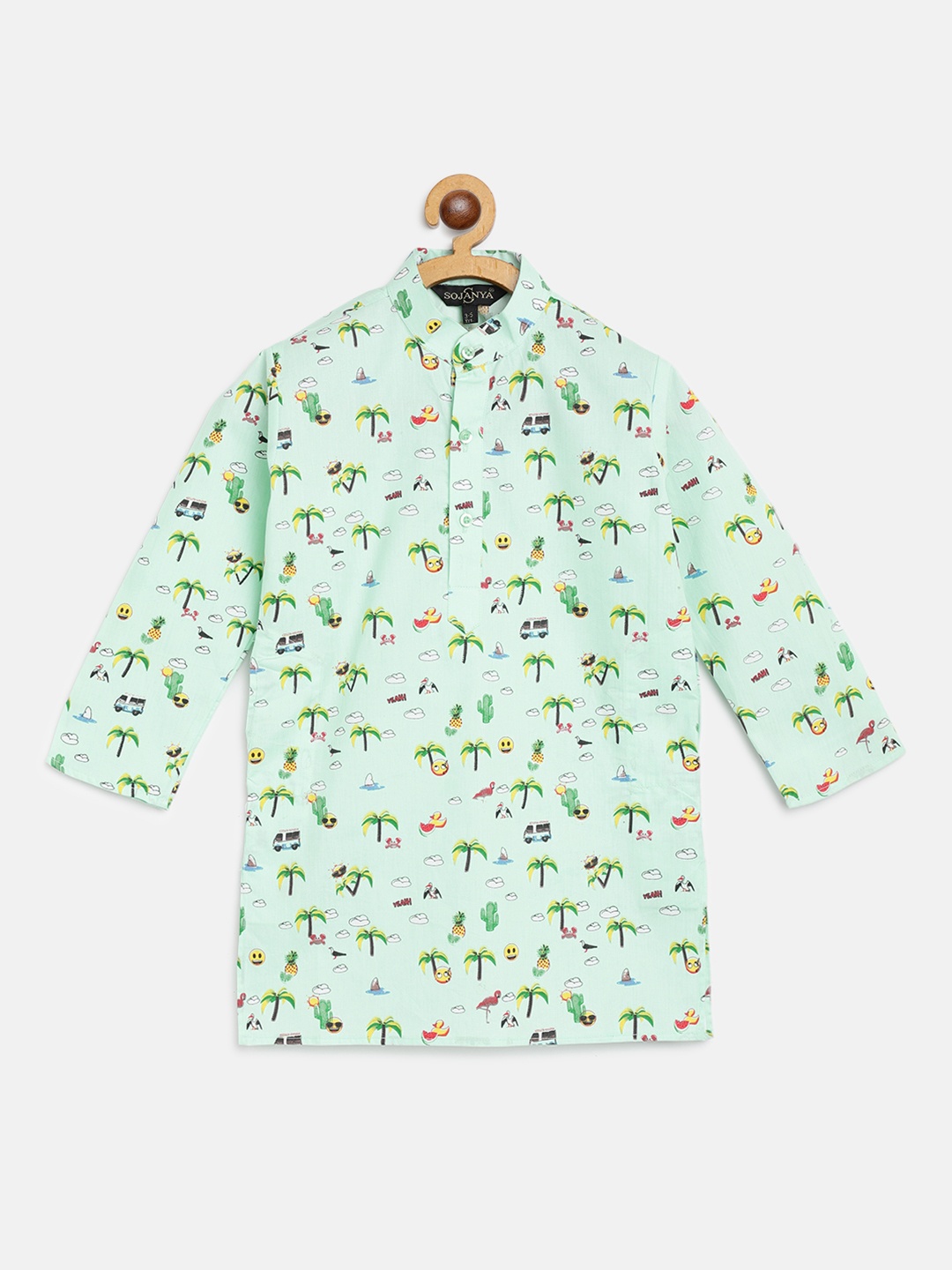 

SOJANYA Boys Mint Green & Yellow Tropical Print Straight Cotton Kurta