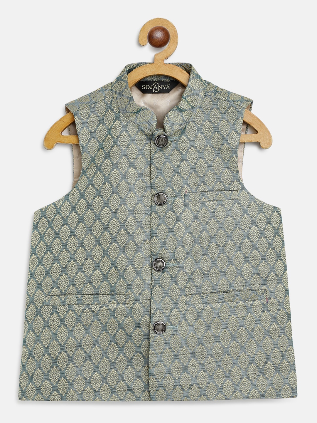 

SOJANYA Boys Blue & Golden Ethnic Motifs Patterned Jacquard Weave Nehru Jacket