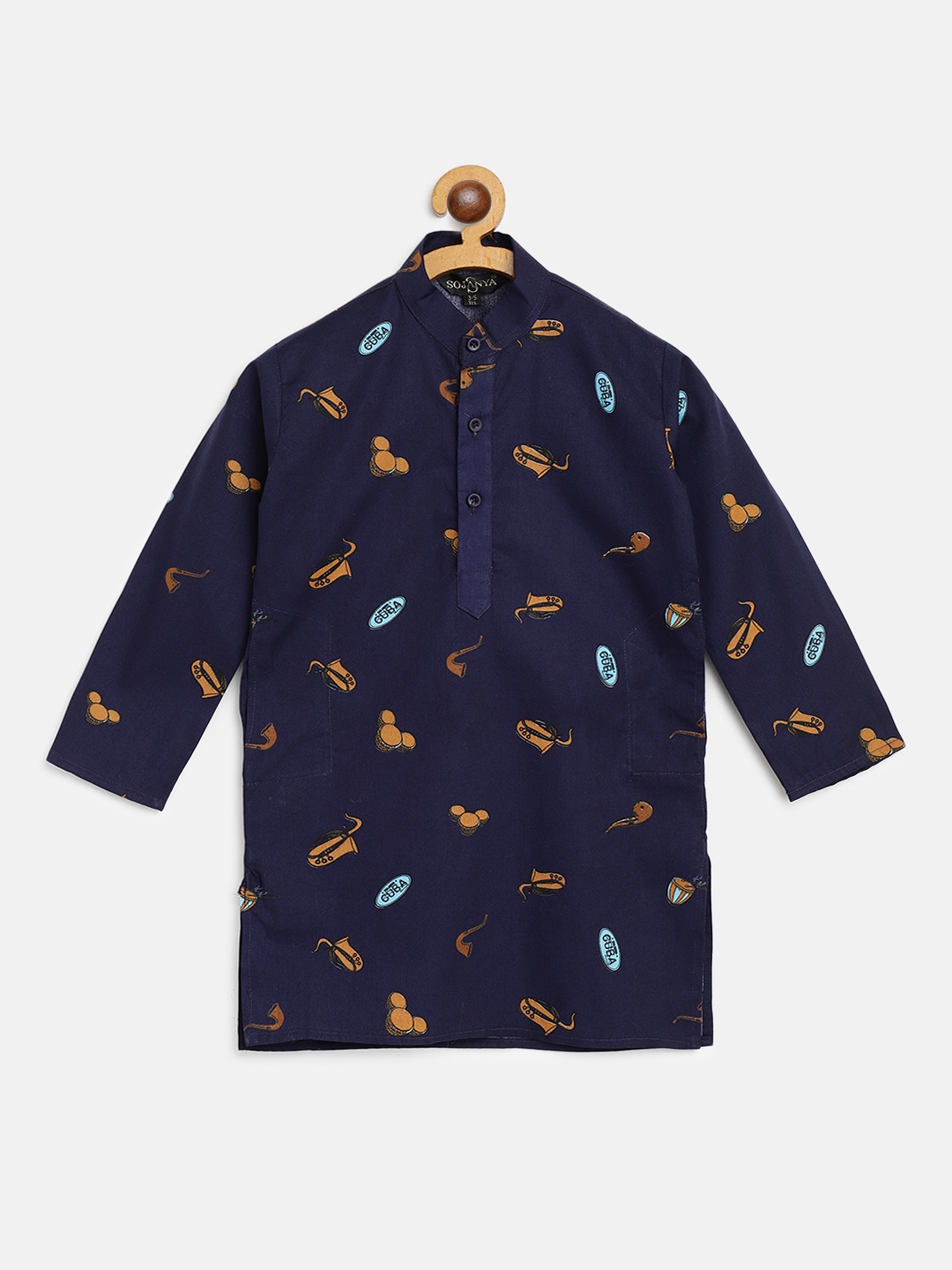 

SOJANYA Boys Navy Blue & Brown Quirky Print Pure Cotton Band Collar Kurta