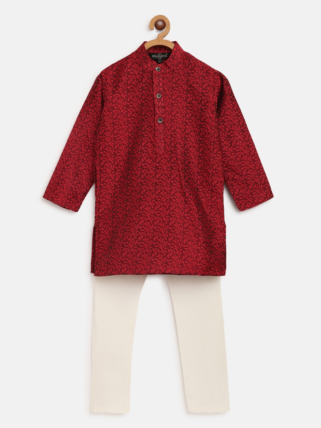 

SOJANYA Boys Maroon & Off-White Self Design Jacquard Weave Kurta with Churidar