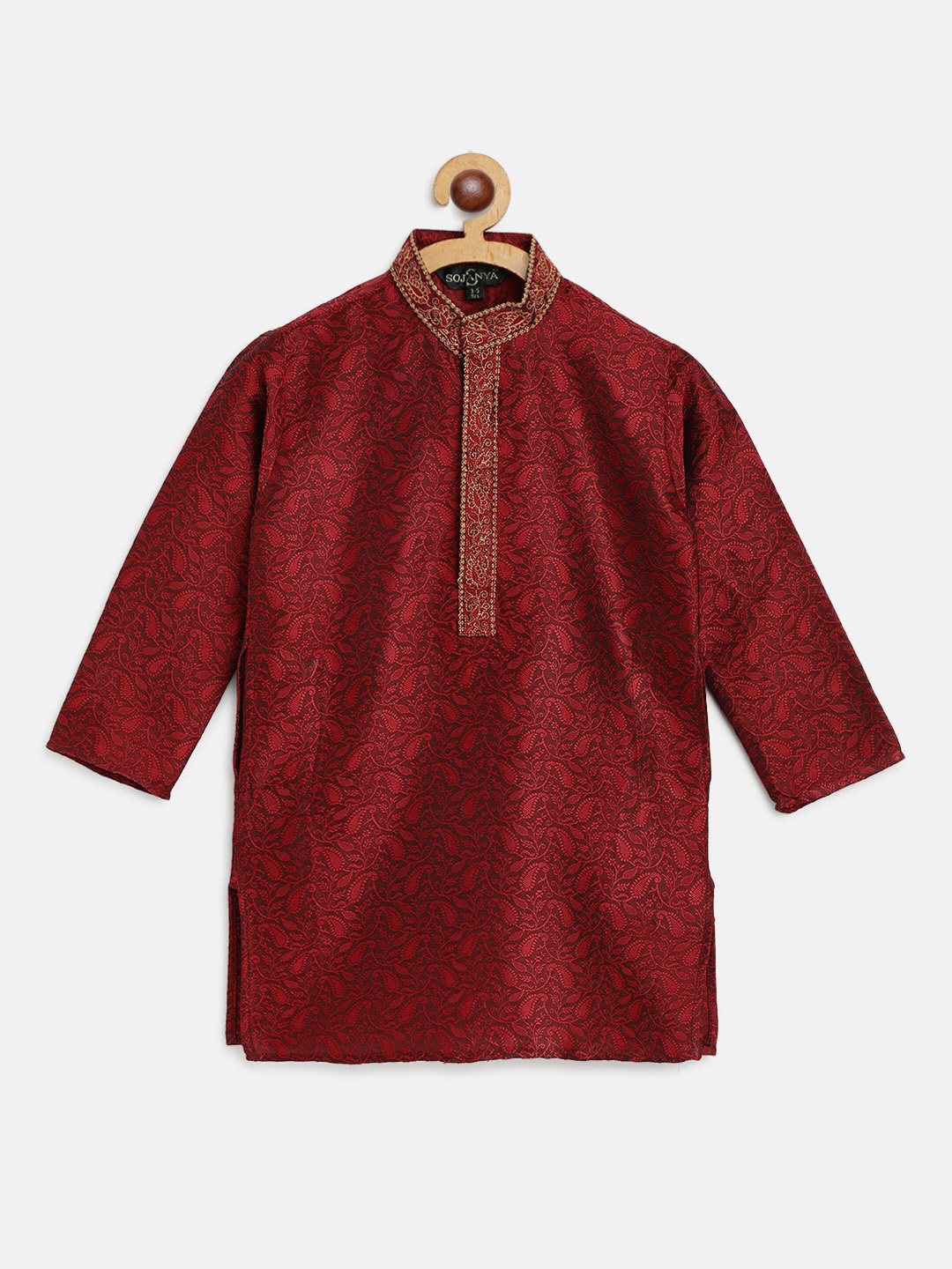 

SOJANYA Boys Maroon Paisley Embroidered Thread Work Straight Kurta