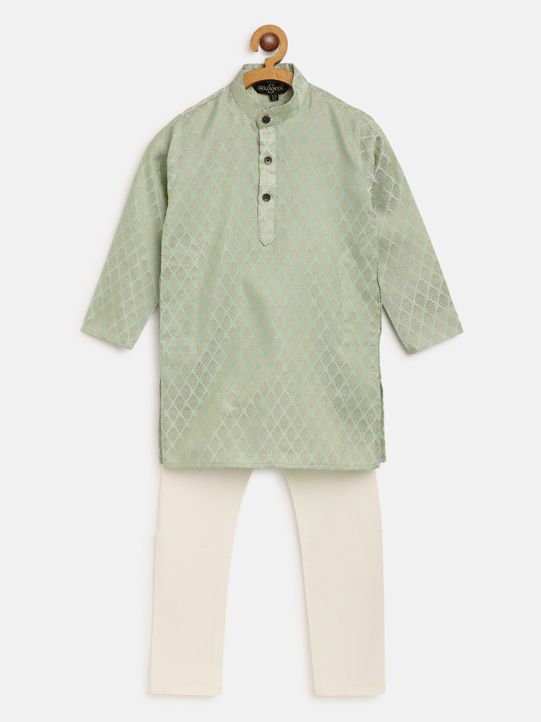 

SOJANYA Boys Green & Off-White Woven Design Jacquard Weave Kurta with Churidar