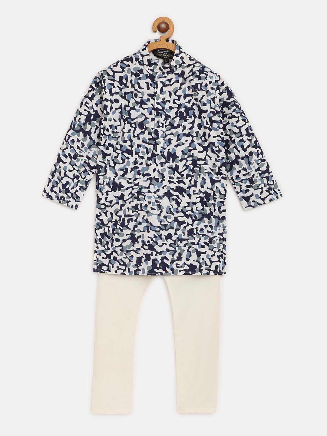 

SOJANYA Boys White & Blue Abstract Print Pure Cotton Kurta with Churidar