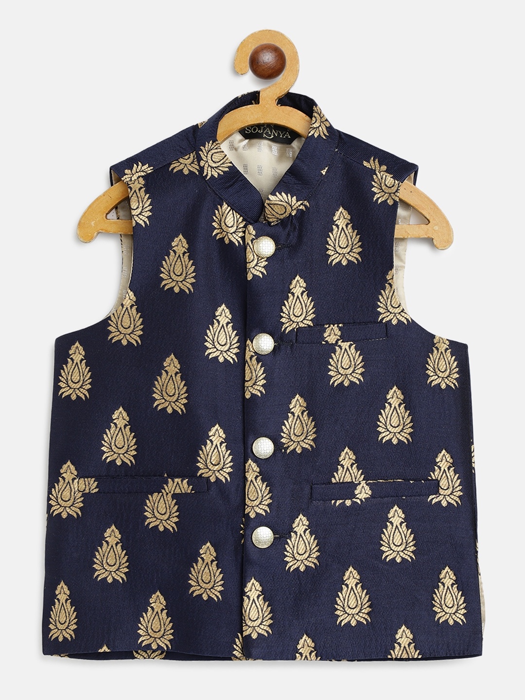 

SOJANYA Boys Navy Blue & Golden Jacquard Woven Design Nehru Jacket