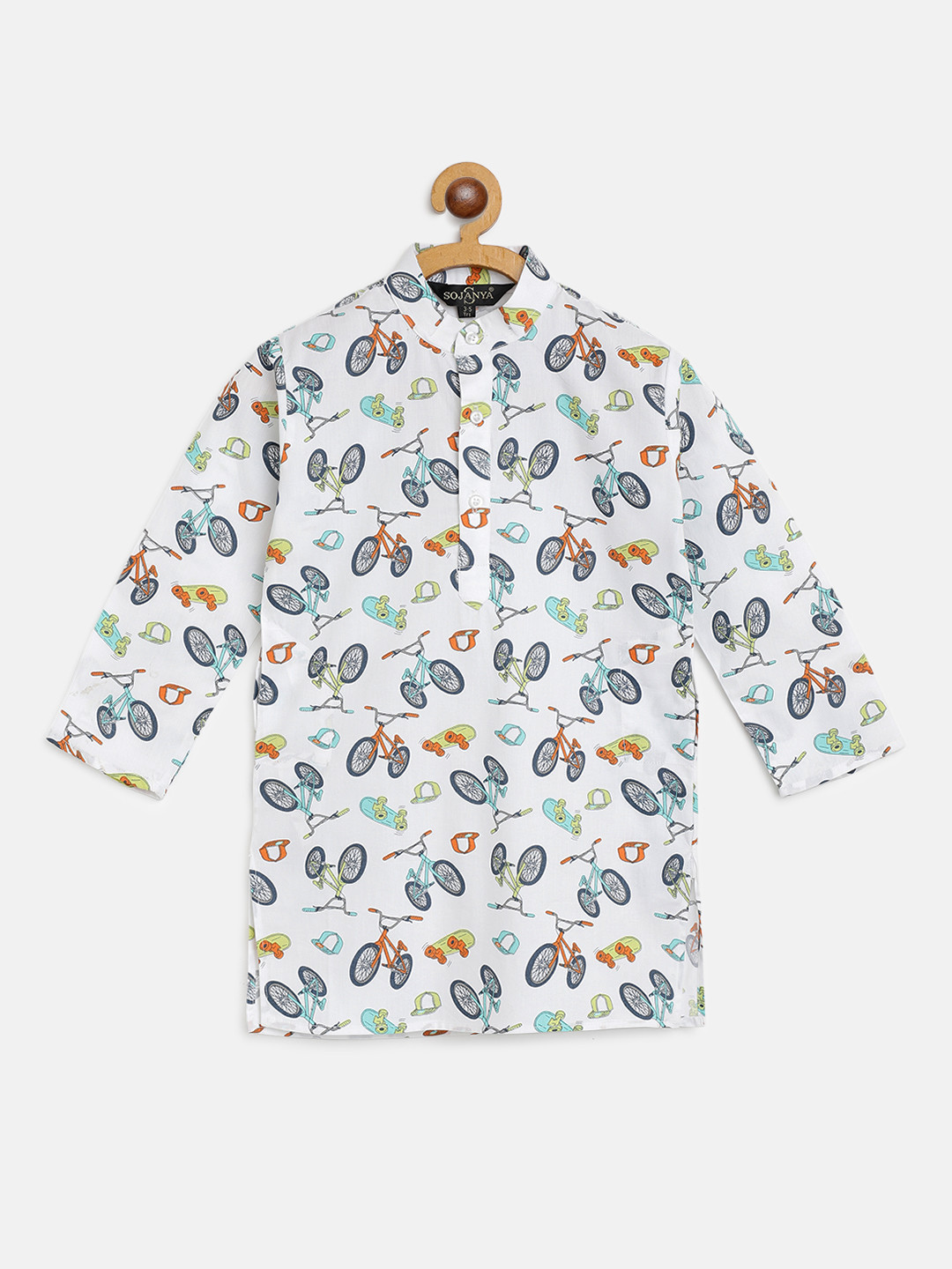 

SOJANYA Boys White & Blue Cotton Quirky Printed Straight Kurta
