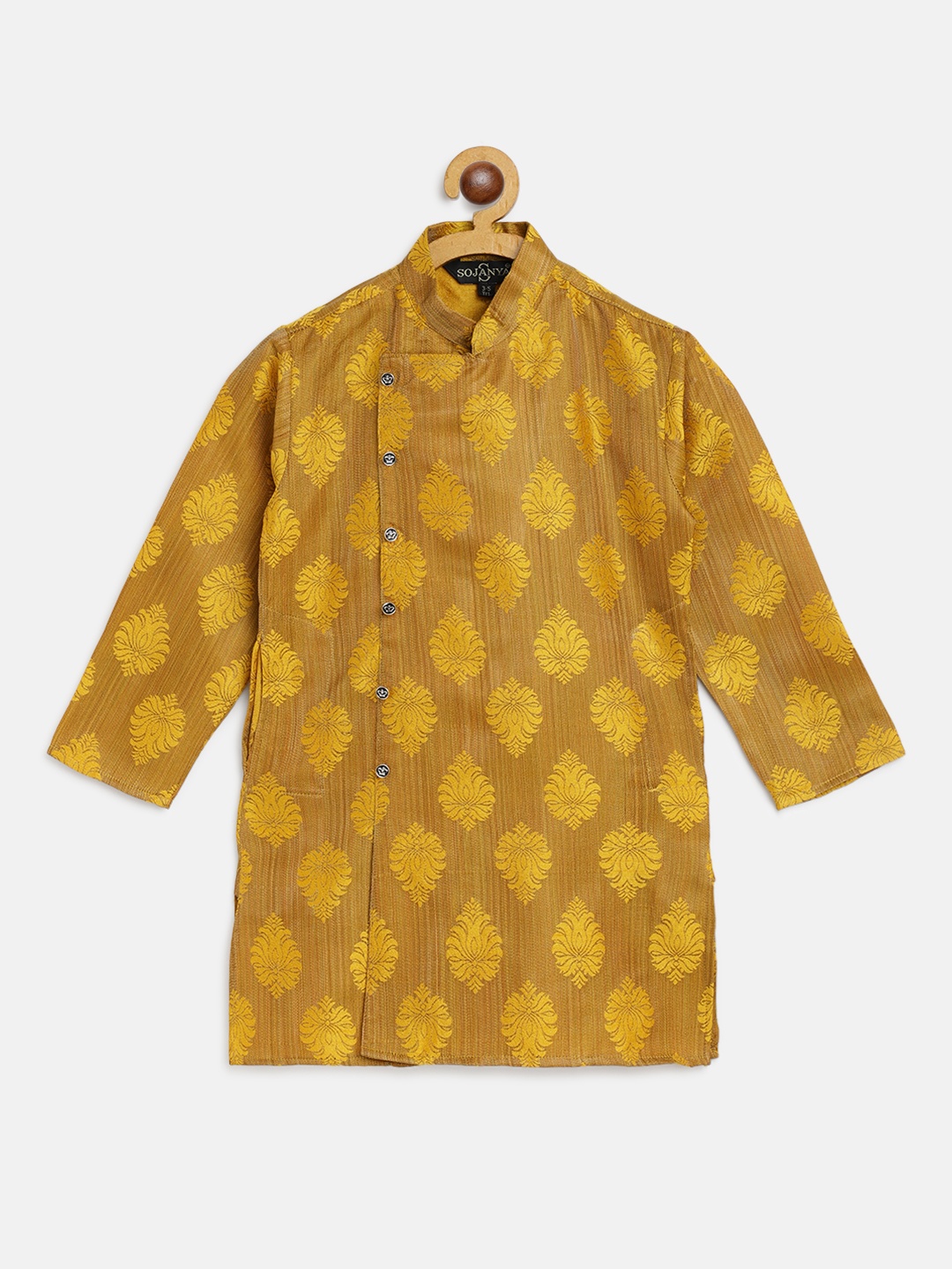 

SOJANYA Boys Mustard Yellow Ethnic Motifs Jacquard Straight Angrakha Kurta