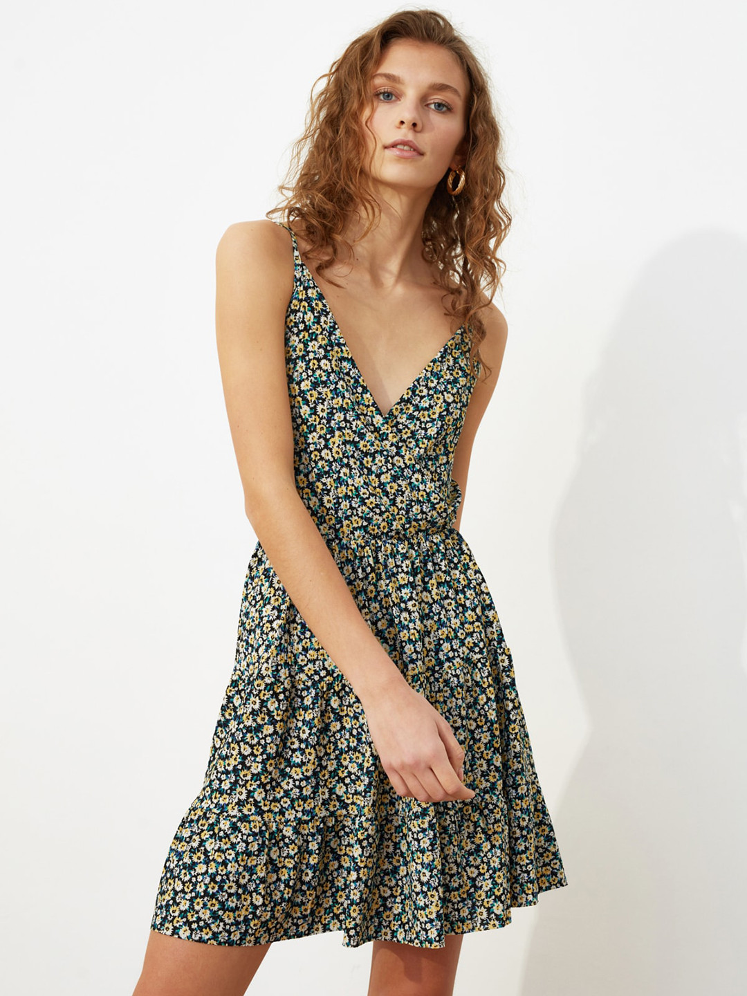 

Trendyol Women Blue Yellow Floral Printed Wrap Dress